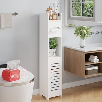 VECELO Storage Cabinet for Small Spaces,Skinny Toilet Paper Holder Stand with Anti-Drop Fence and Roller Storage, White - size: CV1