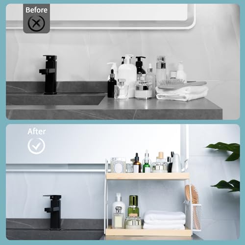 Bathroom Counter Organizer, 2-Tier Standing Storage Shelf with Basket, Wood Tray for Skincare Vanity Organizer(White) - style: 2 Tier White