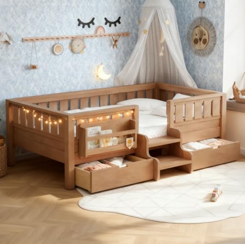 Bellemave Kids Twin Floor Bed with Bookcase and Storage Drawers, Wood Montessori Bed Frame with Staircase Design and Full-Length Fence for Boys, Girls, Easy Assemble (Twin,Natural,Drawers) - color: Natural, size: Twin-Drawers