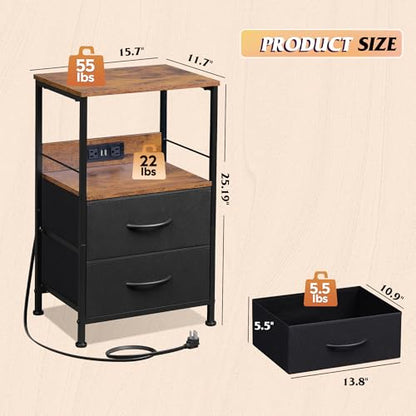 WLIVE Nightstand with Charging Station, LED Night Stand with 2 Fabric Drawers and Open Shelf, Small Dresser for Small Spaces, Side End Tables for Bedroom, Rustic Brown and Black - color: Black and Rustic Brown