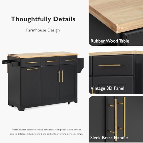 60" Kitchen Island with Trash Can Storage Cabinet and Power Outlet | Rolling Kitchen Cart on Wheels with Rubber Wood Drop Leaf Top, Spice Rack, Towel Rack and Adjustable Shelf, Black - color: Black