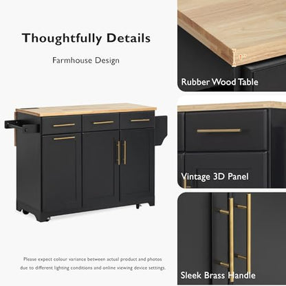 60" Kitchen Island with Trash Can Storage Cabinet and Power Outlet | Rolling Kitchen Cart on Wheels with Rubber Wood Drop Leaf Top, Spice Rack, Towel Rack and Adjustable Shelf, Black - color: Black