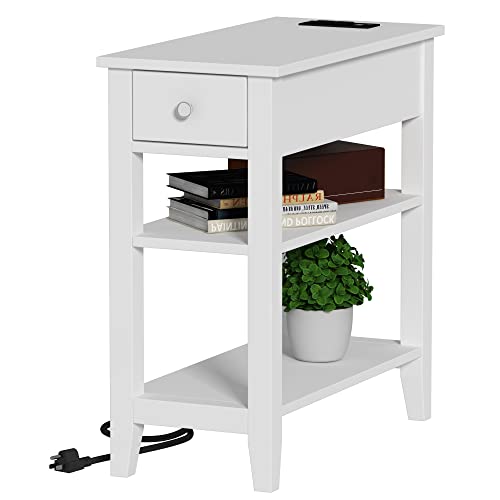 ChooChoo Narrow End Table with Charging Station, Side Table Living Room with USB Ports & Power Outlets and Hidden Drawer, 3-Tier Skinny Nightstand with 2 Open Storage Shelves for Small Place (White) - color: White