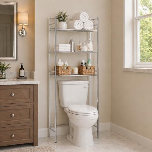 Honey-Can-Do 3-Tier Metal Bathroom Shelf Space Saver, Over The Toilet Storage Rack Organizer, Adjustable Chrome Wire Shelving Unit for Towels & Toiletries, 9.5 x 23 x 60 in - style: 3-Tier Bathroom Tower Shelf