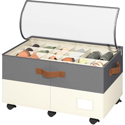 Foyego Shoe Organizer for Closet, Shoe Storage Organizer with Wheels and Adjustable Dividers, Stackable Shoe Storage Box with Clear Cover, Closet Shoe Organizer Fits up to 24-48 Pairs, Gray and Beige - color: Gray and Beige, size: 25 ½"L x 17"W x 12 ½"H