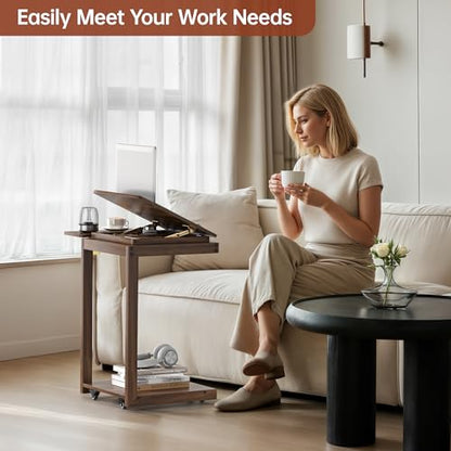 OtterOasis C Shaped End Table for Couch Rolling Side with Wheels Walnut | Wood, Desk Tv Tables, with Folding Desktop, Lockable Wheel, with Hidden Storage, for Living Room, Bedroom - color: Walnut
