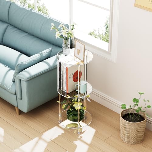 Clear Round Acrylic Side Table Set of 2 for Small Spaces, 11.81" L x 11.81" W x 26.7" H, 3 Tier Small Modern Drink End Table Nightstand, Minimalist Bedside Table for Living Room, Bedroom - size: 3 Tier 2-Pack (26.7"H)