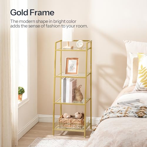 HOOBRO Gold Glass Shelf Stand, 4 Tier Standing Shelf Unit, Bathroom Organizer and Storage, Floor Storage Shelves Waterproof, for Bathroom, Laundry, Toilet, Tempered Glass, Gold GD79CJ01 - size: 15" L x 11.8" W x 42.1" H