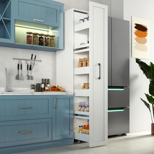 6-Tier Slim Rolling Cart, White | Wooden Spice Rack on Wheels, Mobile Storage Shelving Unit, For Kitchen, Bathroom & Laundry, Narrow Pull-Out Pantry Organizer