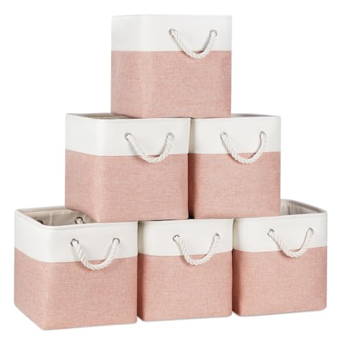 Temary 11 Inch Storage Cubes, Sturdy Fabric Bins with Metal Support & Soft Rope Handles, 6 Pack Foldable Nursery Organizer Baskets for Clothes, Home (White & Pink) - color: White&Pink, size: 11(L) x 11(W) x 11(H)