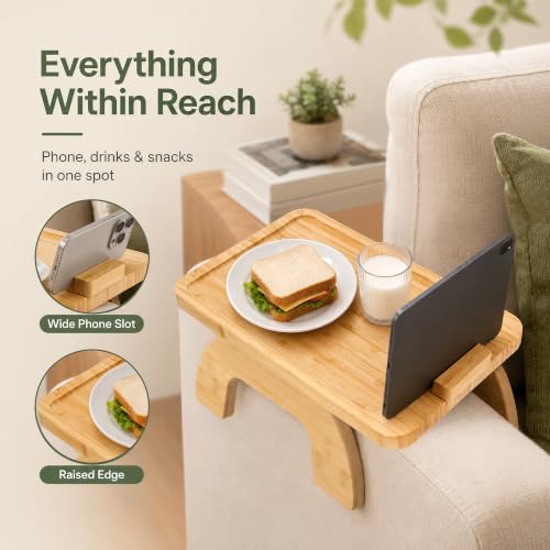 UPABLUNSO 1-Pack Couch Arm Tray Table, Bamboo Clip-On Sofa Armrest Snack Tray, Square with 360° Phone Holder, Collapsible Cozy Sofa Armrest Tray Bamboo Side Table for Drinks, Food or Something Else - color: Square Natutal