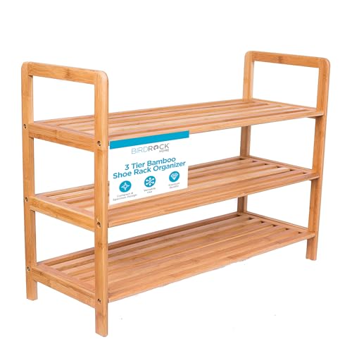 BIRDROCK HOME Bamboo Shoe Rack Organizer for Entryway, Closet, or Front Door - Stackable Wooden Storage Shelf for Small Spaces, Indoor or Outdoor, Decorative Brown Madera - Elegant, Simple - 3 Tier