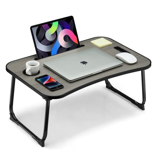 Foldable Lap Desk, Laptop Bed Desk, Portable Lap Table, Laptop Bed Table with Cup Holder & Tablet Slot & Lifting Handle for Working Writing Drawing & Eating - Gray Wood - color: Gray Wood