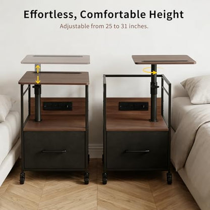 Small Bedside Table with Charging Station, Rolling Side Table with Wheels, Small Nightstand with Drawer Storage for Bedroom - Walnut Look - color: Walnut