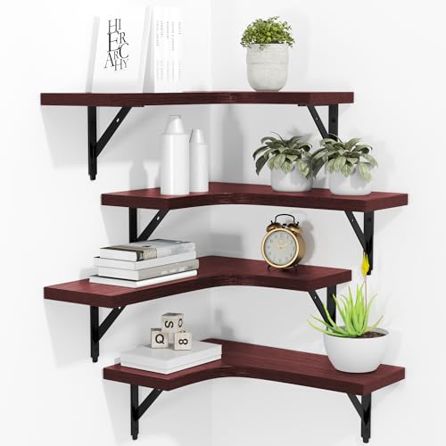 ROMGUAR CRAFT Corner Floating Shelves Wall Mounted Set of 4, Rustic Wood Storage Display Shelves for Home Decor, Bathroom, Kitchen, Bedroom, Living Room, Office (Red) - color: Red