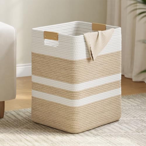 Nunsino 90L Laundry Basket, Cotton Rope Laundry Hamper with Leather Handles | Versatile Storage Basket for Laundry, Blankets, Toys, Towels, Pillows, and Nursery Organization - color: Brown&White, size: 90L