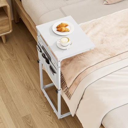 Vagusicc C Shaped End Table, 33" Tall Side Table for Couch, Adjustable Height Small Couch Side Table for Small Spaces, C Table End Table Slide Under Sofa Table TV Tray for Living Room Bedroom, White - color: White