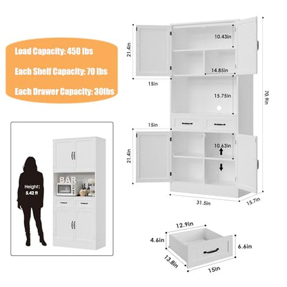 HOSTACK 71" Tall Kitchen Pantry Storage Cabinet, Wood Kitchen Hutch, White | Modern Pantry Cabinet with Microwave Stand, Hutch Cabinet with Countertop & Drawers, Storage Cabinet for Living Room - color: White