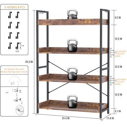 HCHQHS 4 Tier Bookshelf, Adjustable Industrial Bookcase, Vertical Tall Book Shelf, Wood and Black Metal Open Bookshelves for Home Office, Living Room, Bedroom - color: Rustic Brown, size: 4-Tier (31.5"W x 44"H)