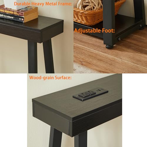Narrow Small Entryway Table with Charging Station, 36 Inch Thin High Tall Console Sofa Table with Power Outlet and USB&C Port for Entry Hallway, Living Room, Foyer, Thick Metal Frame, Black