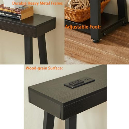 Narrow Small Entryway Table with Charging Station, 36 Inch Thin High Tall Console Sofa Table with Power Outlet and USB&C Port for Entry Hallway, Living Room, Foyer, Thick Metal Frame, Black
