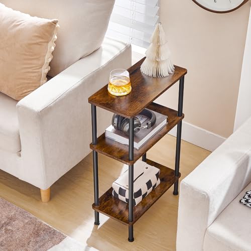 HOOBRO Narrow Side Table Set of 2, 3-Tier Slim End Table No Tools Needed, Twist-On Assembly, Skinny Nightstand Sofa Storage Shelf for Living Room, Bedroom, Study, Rustic Brown and Black BF246BZP201 - color: Rustic Brown + Black