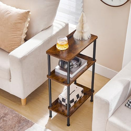 HOOBRO Narrow Side Table Set of 2, 3-Tier Slim End Table No Tools Needed, Twist-On Assembly, Skinny Nightstand Sofa Storage Shelf for Living Room, Bedroom, Study, Rustic Brown and Black BF246BZP201 - color: Rustic Brown + Black