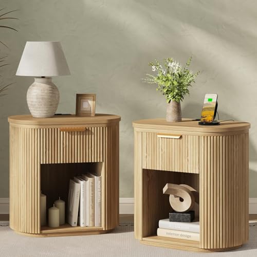 Fluted Nightstands Set of 2 with Charging Station, 23.6" Large Bedside Side Table, Wood End Table with Drawer Storage, Curved Round Corner, Furniture Bedroom Sofa, Mid Century Modern, Farmhouse, Oak - color: Natural Oak