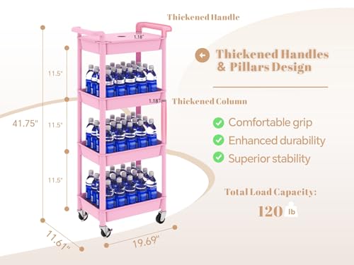 MIOCASA Utility Rolling Cart with Detachable Tray Top, 4-Tier Kitchen Storage Organization, Art Cart with Wheels for Office, Classroom, Livingroom, Kitchen, Bathroom (Pink, 4-Tier-Plastic) - size: 4-Tier, style: Pink