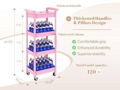 MIOCASA Utility Rolling Cart with Detachable Tray Top, 4-Tier Kitchen Storage Organization, Art Cart with Wheels for Office, Classroom, Livingroom, Kitchen, Bathroom (Pink, 4-Tier-Plastic) - size: 4-Tier, style: Pink
