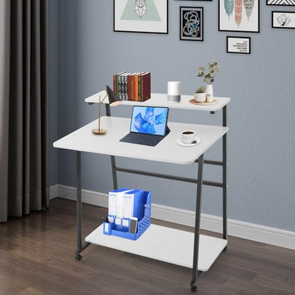 3 Tiers Rolling Computer Desk, 31.5 Inch Home Office Desk with 4 Wheels & 4 Foot Pads, Mobile Small Computer Desk, Student Study Table for Small Space Bedroom (White+Black) - color: White+black
