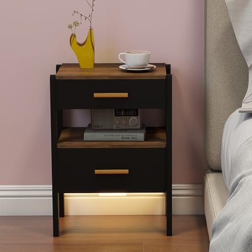 Nightstand with 2 Drawers and Open Shelf Wooden Bedside Table Gold Handles Modern Storage Night Stand Sensor Light for Bedroom, Black and Brown - color: Black and Brown