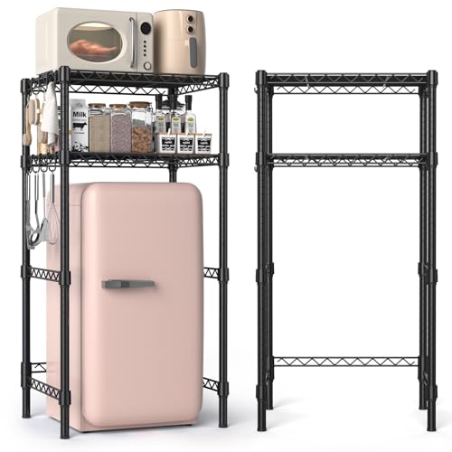 Hodonas Mini Fridge Stand with Adjustable Shelf, 2 Tier Storage Rack Organizer for Refrigerator & Microwave, Storage Shelves and Space Saver for Dorm Room, Office, Kitchen, Apartment, Garage, Black