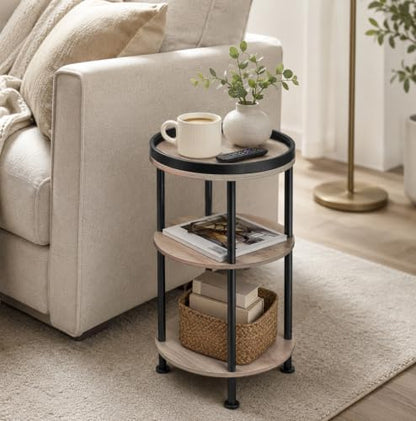 Small Round Side Table, Oak Round End Table for Living Room & Bedroom, Modern 3-Tier Nightstand with Storage Shelf, 11.8" Narrow Accent Table for Small Spaces, Nursery, Plant Stand,Natural Wood Finish - color: Oak, style: Classic