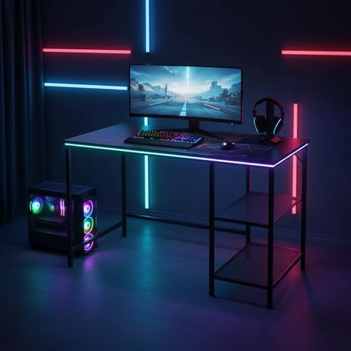 FurnitureR 43" Industrial Computer Desk with 2-Tier Metal Mesh Shelves, Home Office Writing Table with Storage, Sturdy Steel Frame & Rustic Wood Desktop for Study, Workstation, Gaming, Small Spaces