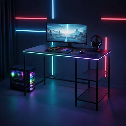 FurnitureR 43" Industrial Computer Desk with 2-Tier Metal Mesh Shelves, Home Office Writing Table with Storage, Sturdy Steel Frame & Rustic Wood Desktop for Study, Workstation, Gaming, Small Spaces