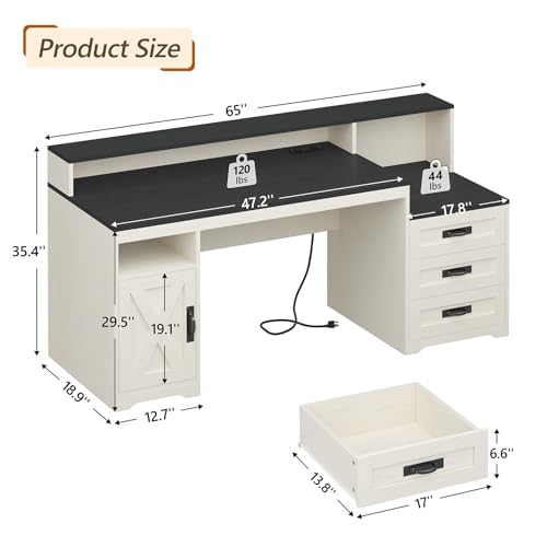 65" Farmhouse Computer Desk with Drawers and Printer Stand for Home Office | Office Desk with Power Outlets and Storage Cabinet, Study Writing Desks with Long Monitor Stand, Black and White - color: Black and White