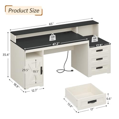 65" Farmhouse Computer Desk with Drawers and Printer Stand for Home Office | Office Desk with Power Outlets and Storage Cabinet, Study Writing Desks with Long Monitor Stand, Black and White - color: Black and White