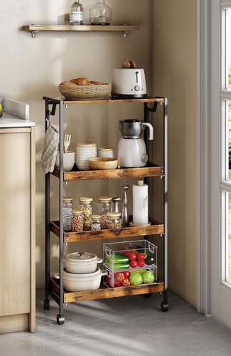 Jojoka No Assembly Folding Kitchen Cart with Wood Top, 4 Tier Collapsible Rolling Utility Cart on Wheels, Industrial Mobile Kitchen Island Storage Cart for Small Spaces, RV and Pantry, Rustic Brown