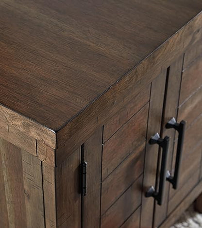 Signature Design by Ashley Moriville Rustic Farmhouse Rectangular End Table with Dual Cabinet Doors, Antique Bronze-Tone Hardware, Wood, 25" High, Brown - color: Dark Brown