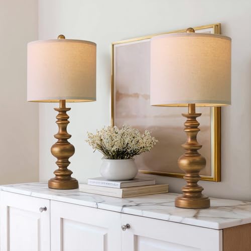 BOBOMOMO 24" Traditional Lamps Set of 2 – Antique Gold Bedside Lamps with Linen Shades, Elegant Medium Farmhouse Lamps for Living Room, Bedroom, and Hallway, Ideal for Warm, Cozy Spaces - color: Antique Gold, size: Medium-24"