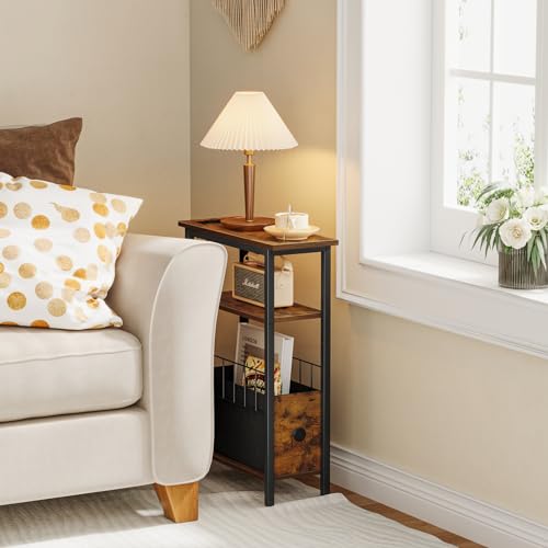 Snughome Narrow Side Table with Charging Station, Slim End Table for Small Spaces, 3 Tier Skinny Nightstand with Drawer, Sofa Beside Table with Storage Shelf for Living Room Bedroom - color: Rustic Brown