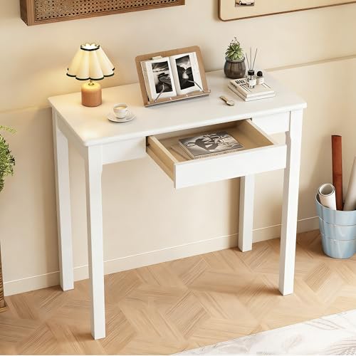 Solid Wooden Desk with Drawers - 32 x 16 Inch Narrow Desks for Small Spaces, Rubberwood Simple Study Table, Small Writing Desk for Bedroom - Modern White Desks - color: White, size: 31.5 in W x 15.7 in D