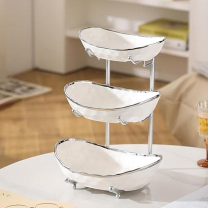 YYW 3 Tier Fruit Bowl for Kitchen Counter, White Gold Silver Ceramic Fruit Stand for Countertop, Home Fruit Rack with Metal Holder, Vegetable Snacks Nuts Bread Candy Storage (White (Silver Holder）) - color: White (Silver Holder）