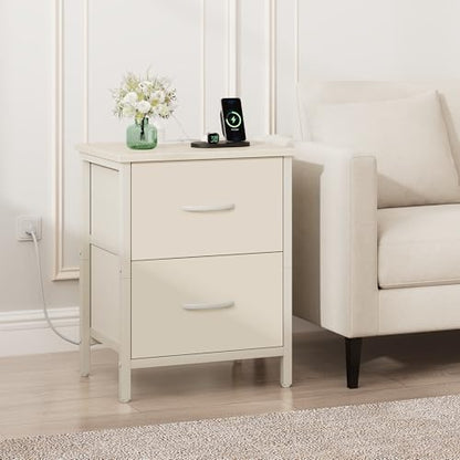 Vagusicc Nightstand Set of 2 with Charging Station, End Table Bedside Table with Power Outlet & USB Ports, Side Table with 2 Fabric Drawers for Bedroom, Living Room, Beige - color: Beige (2 Pack)