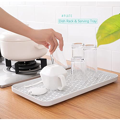 Small Drain Rack for Kitchen Sink, 2 Tier Cup & Dish Drying Rack for Office, Coffee Table, Multi-Use Tray for Serving, White & Grey Dish Drying Mat Big Enough - size: 6.69W x 12.2L