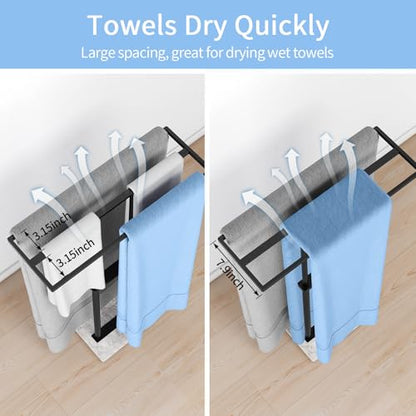 LSK 40” Standing Towel Rack, 3 Tier Towel Stand with Marble Base, Black | Stainless Steel Freestanding Towel Racks for Bathroom, Towel Holder Stand for Hanging Multiple Sizes Towels