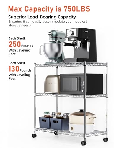 Simple Deluxe 3-Tier Storage Shelves, 750 Lbs Loading Capacity, 24.02" W x 13.78" D x 29.92" H Shelving Unit for Garage, Pantry and Kitchen, Chrome - size: 3-Tier, 24.02"W x 13.78"D x 29.92"H