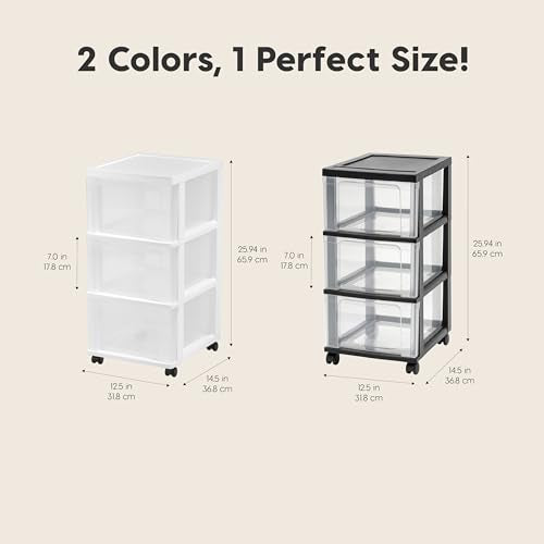 IRIS USA 3-Drawer Slim Narrow Storage Organizer Rolling Cart, White/Clear | Organize crafts, school supplies, accessories, and household items with slim storage and easy-access drawers