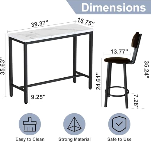 AWQM 3 Piece Bar Table Set of 2,39.3" Pub Bar Table and Chairs Set,Faux Marble Bar Height Table with 2 Backrest Stools,Small Dining Table for 2,Kitchen Table Set for Small Space,White & Brown(2 Set) - color: White